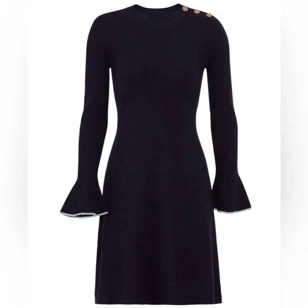 Tory Burch-84% Merino wool bell sleeves sweater dress in navy blue. Size M